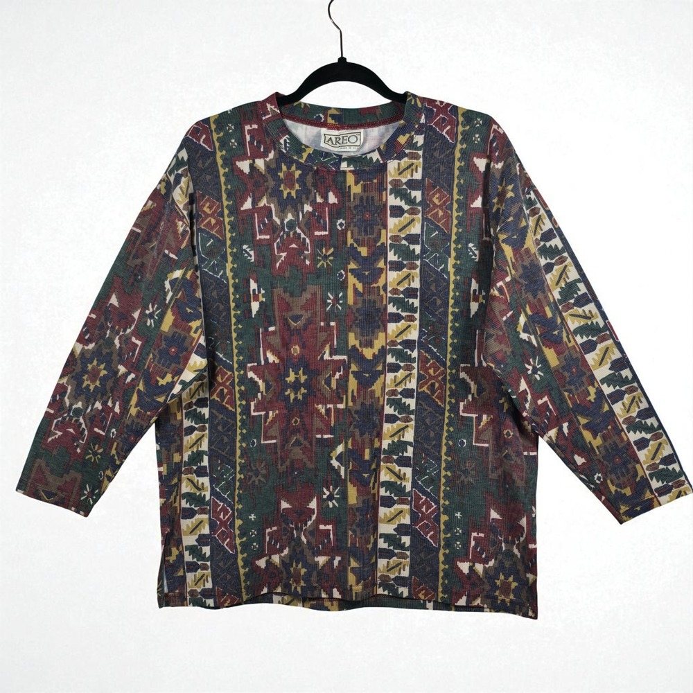 Vintage AREO Top Woman Large Aztec Southwestern‎ Geometric Long Sleeve USA Made